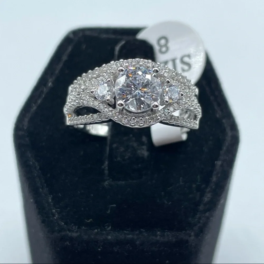 New 925 Sterling Silver CZ Diamond Bridal Wedding Ring Set Halo 2 Band